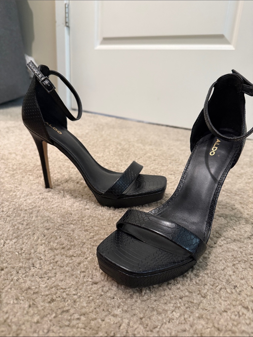 ALDO Black Textured Ankle-Strap Platform Stiletto Heels